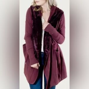 Free People Sz L Velvet Trim Plush Burgundy Hooded Sweatshirt Cardigan Jacket